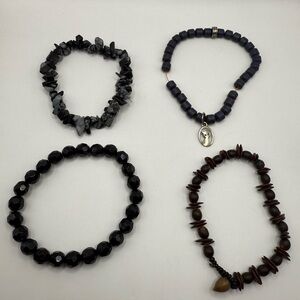 Lot of (4) Stretch Bracelets Grey Black one with Cat Charm